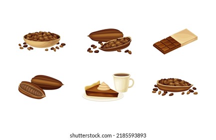 Chocolate and cocoa beans set. Chocolate bar, pie and cup of cacao vector illustration