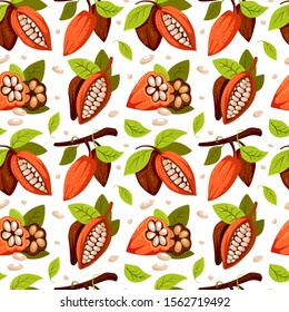 Chocolate cocoa beans tree pattern. Cocoa beans seamless pattern, vector illustration cartoon style. Design template for fabric, cover, prints. 