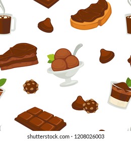 Chocolate and cocoa butter on bread slice products variety seamless pattern vector.