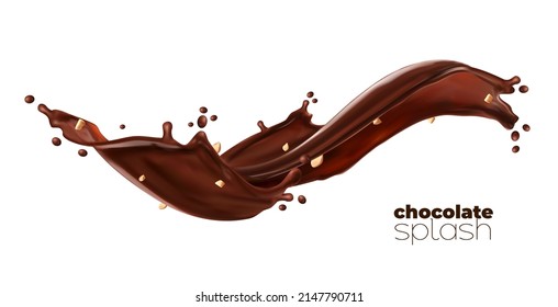 Chocolate, cocoa and coffee milk isolated flow splash with crushed peanuts, vector swirl wave. Chocolate spread cream or creamy brown choco butter splash, realistic cocoa and coffee milk drink spill