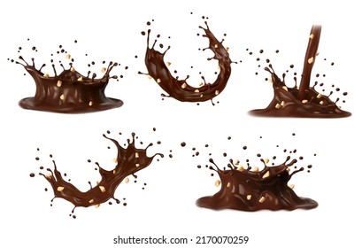 Chocolate Cocoa, Coffee Milk Swirl Splashes Set With Crushed Peanuts. Realistic Vector Chocolate Drink Pour Or Milkshake Cocoa Drink Spill And Coffee Milk Crown Splash With Nuts In Wave Spatter