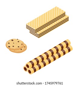 Galleta de chocolate o de cacao, palitos de wafle y de wafer crujiente vista isométrica aislada en fondo blanco