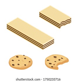 Chocolate or Cocoa cookies and crispy wafers isometric view isolated on white background