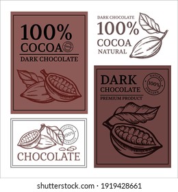 CHOCOLATE AND COCOA Design Of Stickers And Labels For Cocoa Chocolate Products In Vintage Style Monochrome Hand Drawn Clip Art Vector Illustration Set For Print