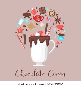 Chocolate Cocoa Drink Mug with Coffee Beans and Sweet Food. Vector illustration