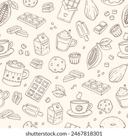 chocolate and cocoa elements seamless pattern with hand drawn chocolate bars, hot chcolate and hot cocoa cups, cacao fruits, cocoa beans, etc. EPS 10