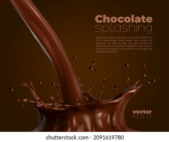 Flujo de chocolate o cacao con salpicadura de corona, bebida dulce vectorial 3d. Bebé de postre marrón líquido con gotas y manchas de olas, cacao oscuro realista, leche de café, batido de salsa de choco fundido