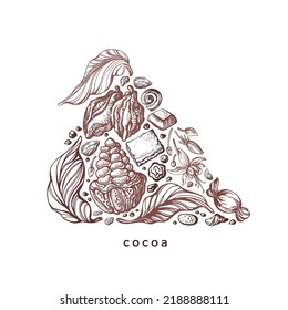 Chocolate and cocoa fruit. Vector symbol. Texture sketch of graphic print. Vintage illustration for sweet-shop, cafe. Homemade candy