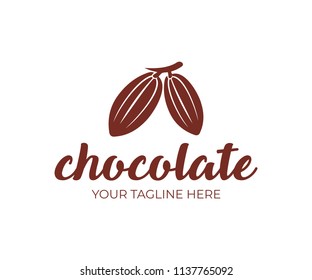 Chocolate, cocoa fruits hang on a branch, logo template. Chocolate cocoa beans, cocoa pod and plant cacao, vector design. Nature and food, illustration