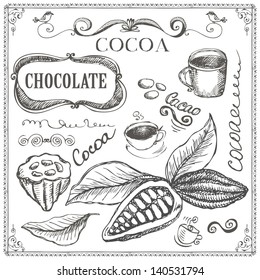 chocolate cocoa hot doodle engrave illustration drawn hand frame pod hand drawn cocoa and chocolate doodles chocolate cocoa hot doodle engrave illustration drawn hand frame pod cacao candy brown plant