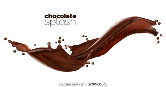 Chocolate or cocoa milk wave with flow splash. Vector isolated dessert drink with drops. Realistic choco stream or long wave splash of milky chocolate sweet syrup with spill splatter