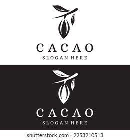 Chocolate cocoa pod plant logotype design, cocoa bean, exotic organic plant isolated background.