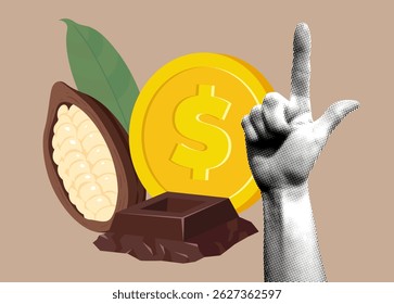 Chocolate e cacau aumentam. Feijão de cacau, barra de chocolate, moedas e meio-tom mão com dedo indicador levantado. Crise do cacau