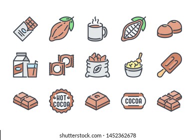 Chocolate and Cocoa related color line icon set. Sweet dessert and Cocoa industry outline vector icons.