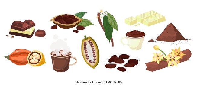 Chocolate and cocoa. Set of chocolate bar milk, white and dark, sweets, praline candies, cocoa beans powder and hot drinks. Cartoon flat vector illustration