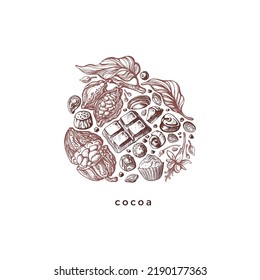 Chocolate y cacao dulce. Símbolo de círculo vectorial. Impresión gráfica dibujada a mano de textura. Ilustración vintage para el café. Caramelos caseros