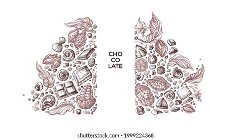 Chocolate and cocoa template. Vector art sketch of fruit, bean, candy. Aroma cacao powder. Vintage graphic illustration for sweet-shop, cafe