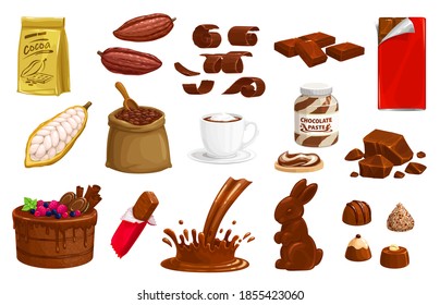 Chocolate, cocoa vector choco production bars, bunny sweet dessert and splashes. Truffle, candies and hot beverage, beans in sack, retail package and cake with chips, paste isolated cartoon icons set