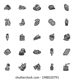 Chocolate and cocoa vector icons set, modern solid symbol collection, filled style pictogram pack. Signs, logo illustration. Set includes icons as piece of chocolate, cocoa powder, sweets, ice cream