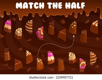 Chocolate coconut, praline and fudge, souffle, truffle and jelly, hazelnut candy and bonbon confectionery match a half of candy. Vector game worksheet with cartoon pieces of choco sweet desserts