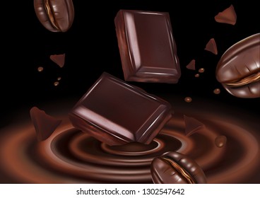 Chocolate with coffee beans in the middle isolated on solid color background, Vector realistic in 3d illustration. Food concept.