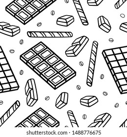 Chocolate and coffee beans seamless pattern. Chocolate texture with isolated elements: waffles and coffee beans. Sweet background