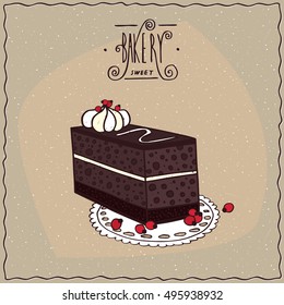 Chocolate coffee cake with layers of biscuit and whipped cream, lie on lacy napkin. Beige background and ornate lettering bakery. Handmade cartoon style. Vector illustration