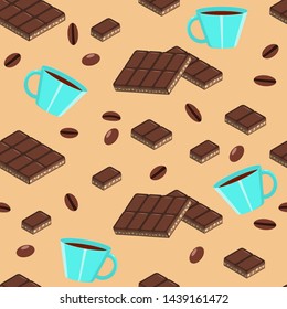 Chocolate and coffee Cup seamless vector pattern. Pieces of chocolate vector seamless pattern