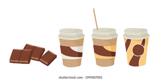 Chocolate coffee. Hot chocolate. Coffee to go. Paper cup with plastic lid. Logo. Outline vector illustration on a white background.