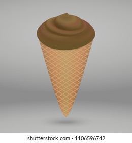 Chocolate coffee ice cream in the cone isolated