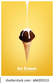 Chocolate coffee ice cream cone, Pour milk syrup, dairy product flavor, Vector illustration