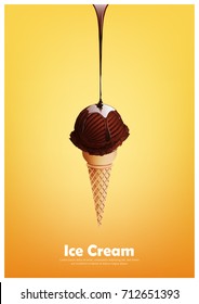 Chocolate coffee ice cream cone, Pour melted chocolate syrup, dairy product flavor, Vector illustration