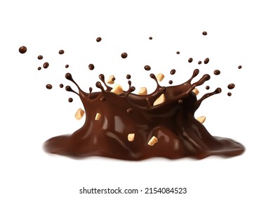 Chocolate And Coffee Milk Crown Splash With Crushed Peanuts. Realistic Vector Wave Of Cocoa Drink Dessert Or Melted Dark Chocolate Flow With Isolated 3d Splashing Drops And Ripple Texture