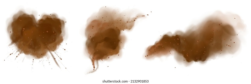 Chocolate or coffee powder burst, splash, explosion brown dust clouds abstract and heart shape with particles isolated on white background. Ground grains blast element Realistic 3d vector illustration