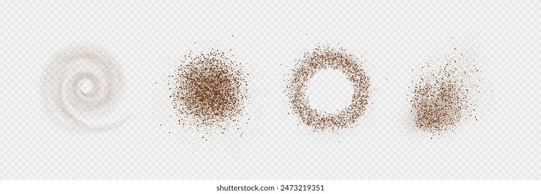 Chocolate and coffee powder, scattered cocoa on a light background. Particles of earth and dust. Brown sand texture.Top view of the cake.