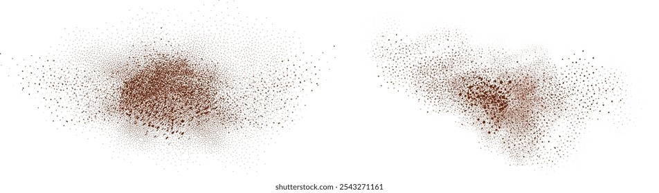 Schokolade und Kaffeepulver, verstreuter Kakao auf hellem Hintergrund. Partikel aus Erde und Staub. Brauner Sand. Draufsicht auf den Kuchen.