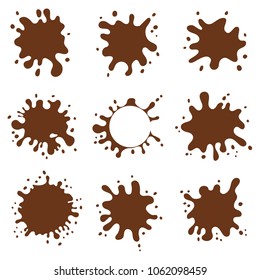 Chocolate, coffee splash blot with drops. Abstract spot on white background.
