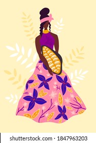 Chocolate collection, hand drawn vector illustration. Woman farmer holds a cocoa beans. Asian cocoa plantation and harvesting. Working on Field. Vintage style