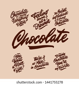 Chocolate collections. Isolated sweets quote colorful hand draw lettering text in chocolate brown colors. Candy shop, cafe wall design. Poster, print, card, smm design.
