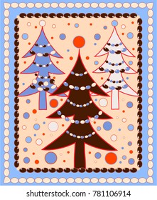 Chocolate color Christmas tree. Blue Christmas Tree. White Christmas Tree. Baked milk color background.  Pearl frame. Blue frame. Vintage style for bags and cards.
