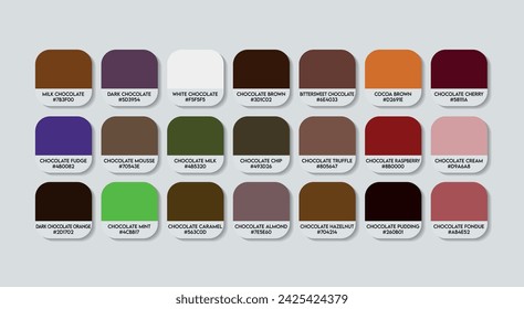 Chocolate Color Palette in RGB HEX, Catalog Samples of Chocolate Colors Vector, Pastel Color Guide Palette with Color Names. Color Palette Vector, Chocolate  Colors Palette, Fashion Trend Brown Colors