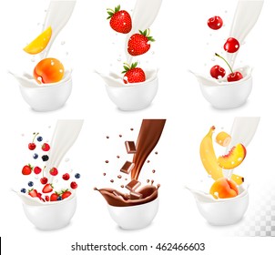 Chocolate and colorful fresh fruit falling into the milky splash on transparent background.. Vector illustration