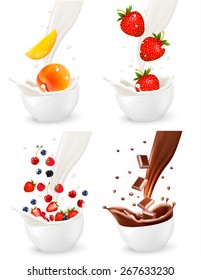 Chocolate and colorful fresh fruits  falling into the milky splash. Vector illustration