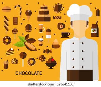 Chocolate concept background. Flat icons.