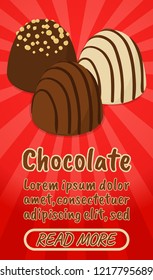 Chocolate concept banner. Isometric banner of chocolate comics vector concept for web, giftcard and postcard