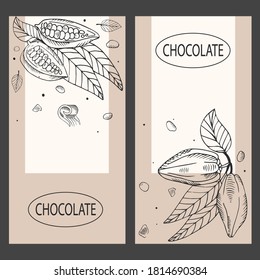 
Chocolate concept. Set of templates for packaging, flyer, banner, menu with cocoa beans. Engraved style illustration. Vector illustration.