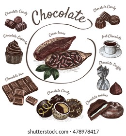 Chocolate confectionery and candies illustration set. Vector illustration of chocolate confectionery and candies.