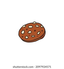 Schokoladenkekse mit Mandelchips oder Erdnusschips, farbige doodle Vektorgrafik einzeln auf weißem Hintergrund. Handgezeichnete Konditorei für Bäckereidesign.