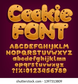Chocolate Cookie Alphabet Font. Uppercase And Lowercase Dessert Letters. Letters, Numbers And Symbols With Chocolate Chips. Stock Vector Illustration.