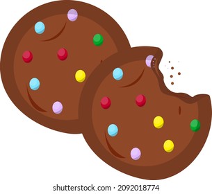 Chocolate cookie with candy, illustration, vector on a white background.